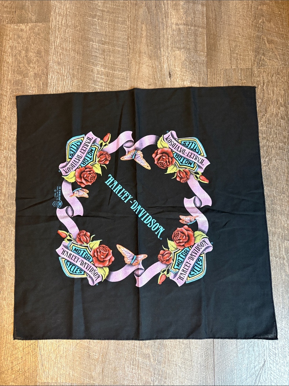 Harley Davidson Vintage 1989 Black Floral Butterfly Logo Bandana Scarf